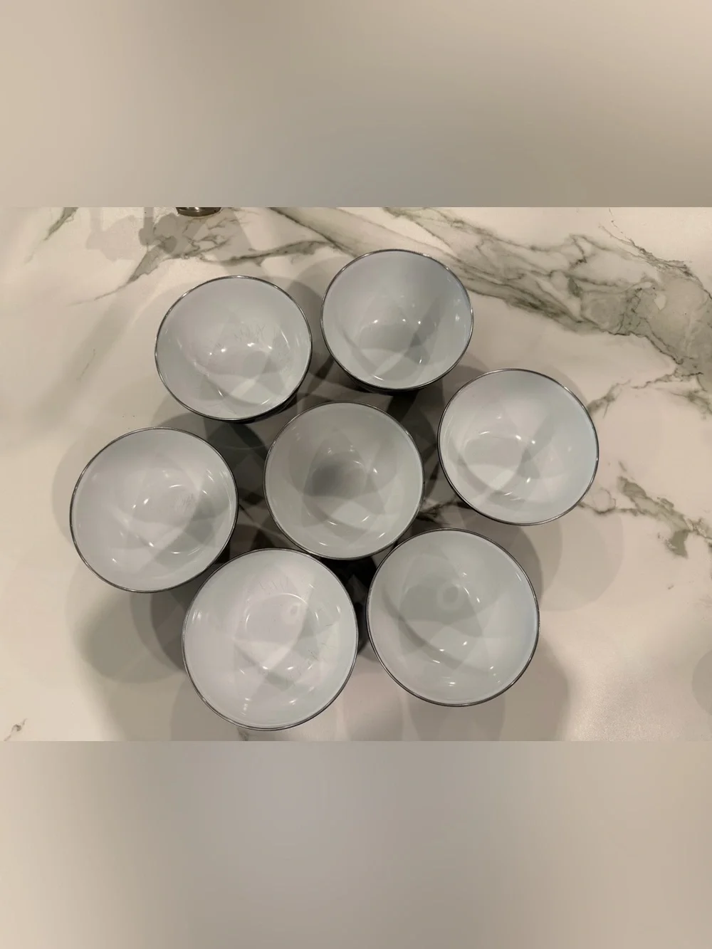 Pottery Barn Blue Enamel  Bowls with Silver Rim - Set of 7